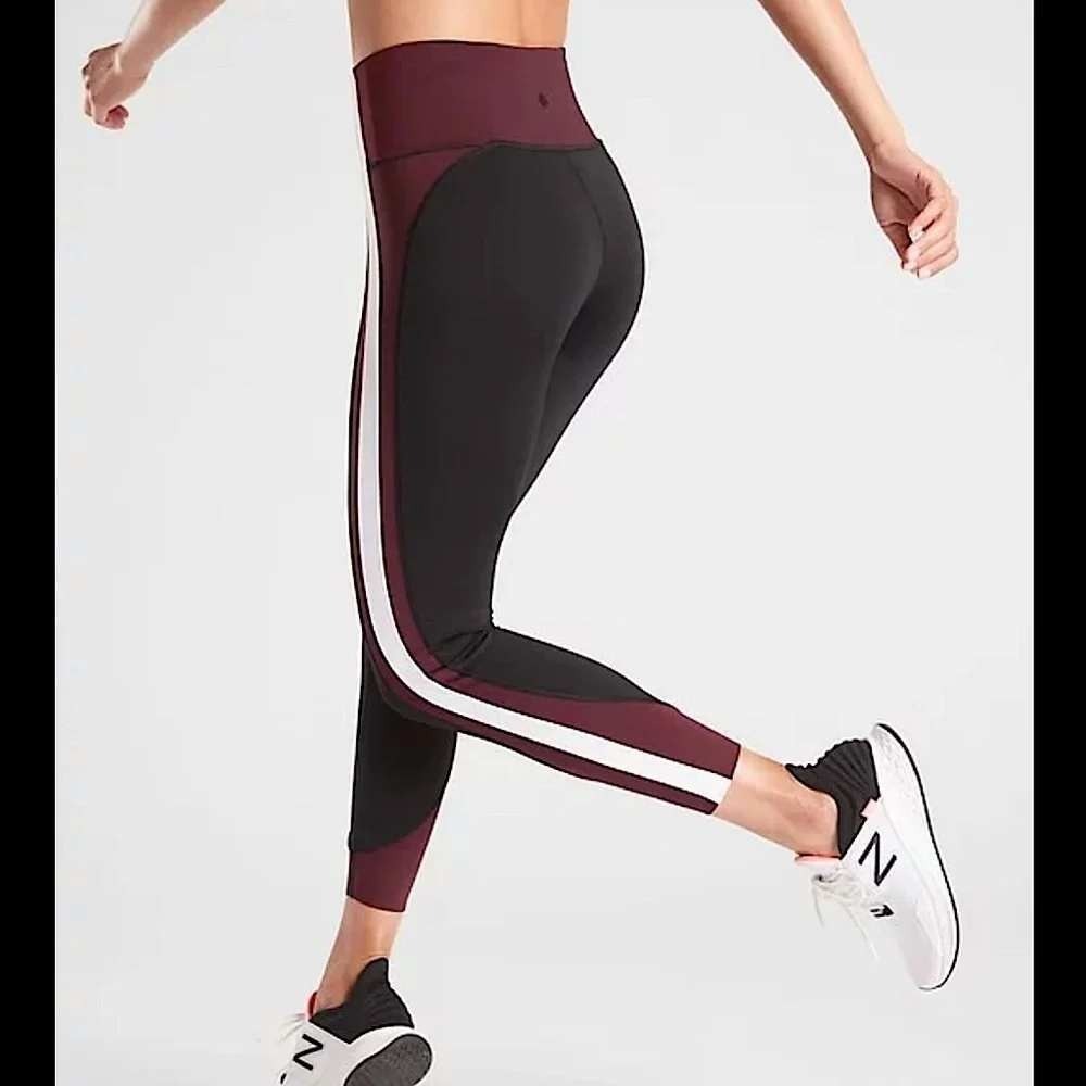 Athleta Crunch 7/8 Leggings Women XXS Black Burgundy Colorblock Stripe Workout - Picture 2 of 10